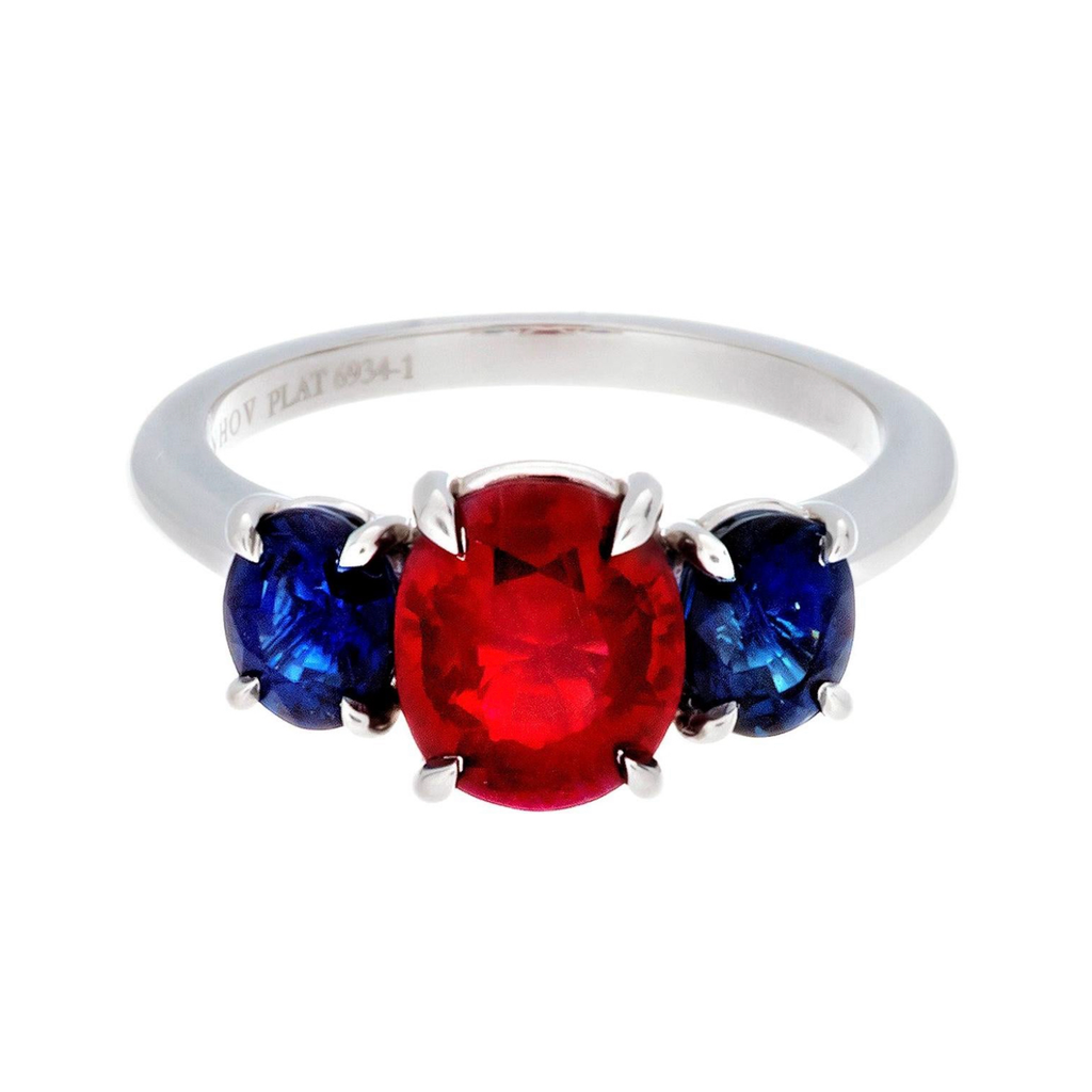 Platinum Burmese Ruby and Sapphire 3-Stone Ring