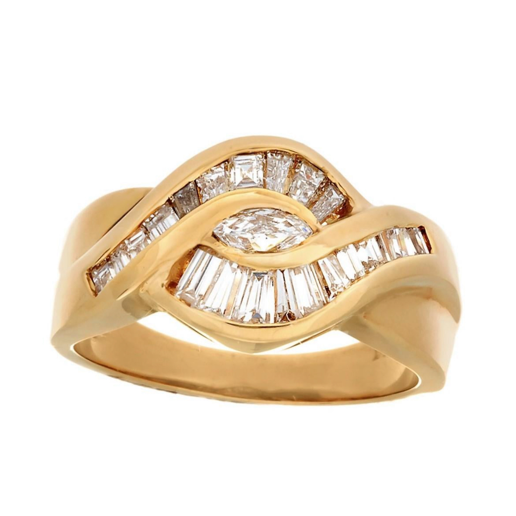 18 Karat Yellow Gold 22-Diamond Marquise and Baguette Band Ring
