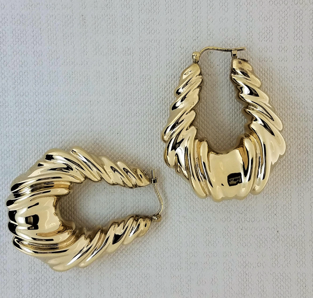 Large 14 Karat Tapered Domed Ribbed / Fluted Shrimp Hoop Design Earrings