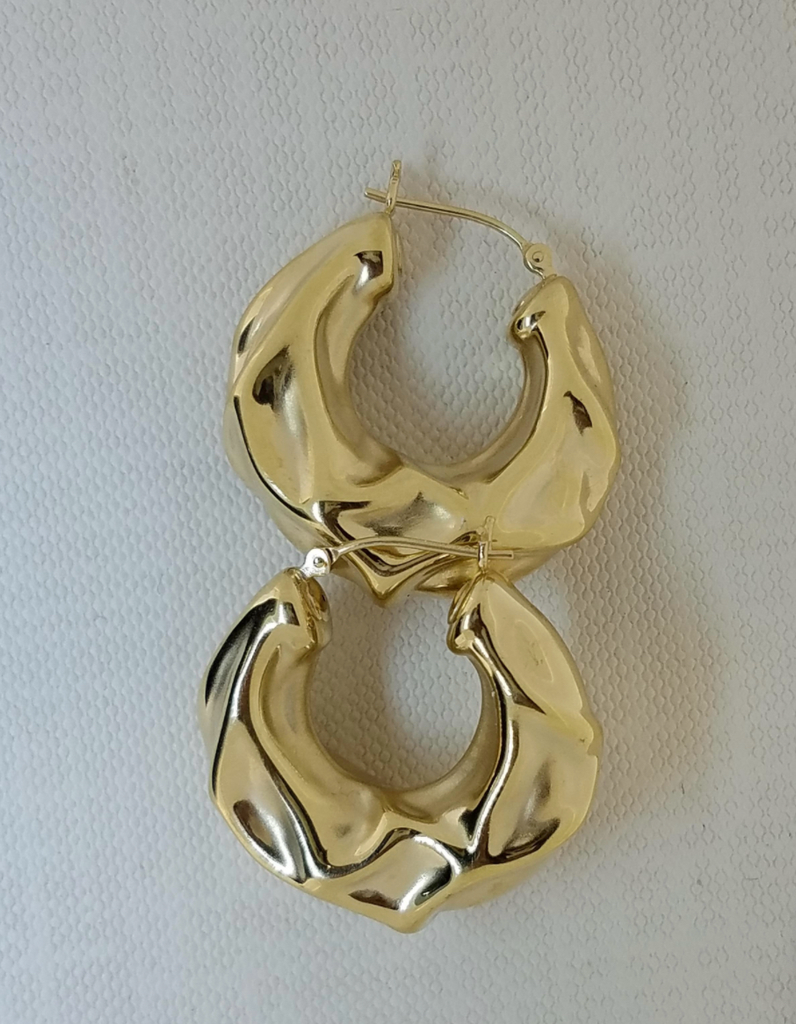 Large 18 Karat Tapered Hollow Crinkle Design Hoop Earrings