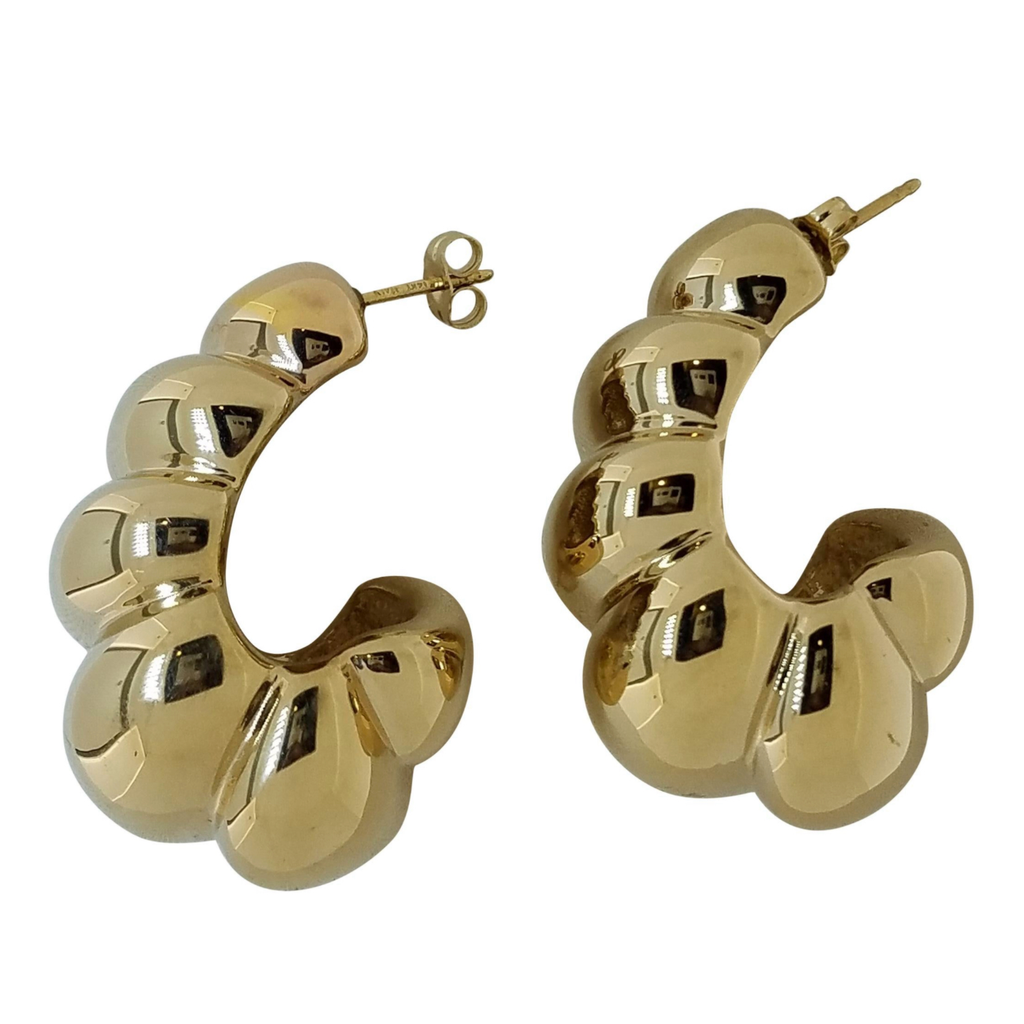 Large 14 Karat Domed Ribbed-Fluted Shrimp Design Earrings