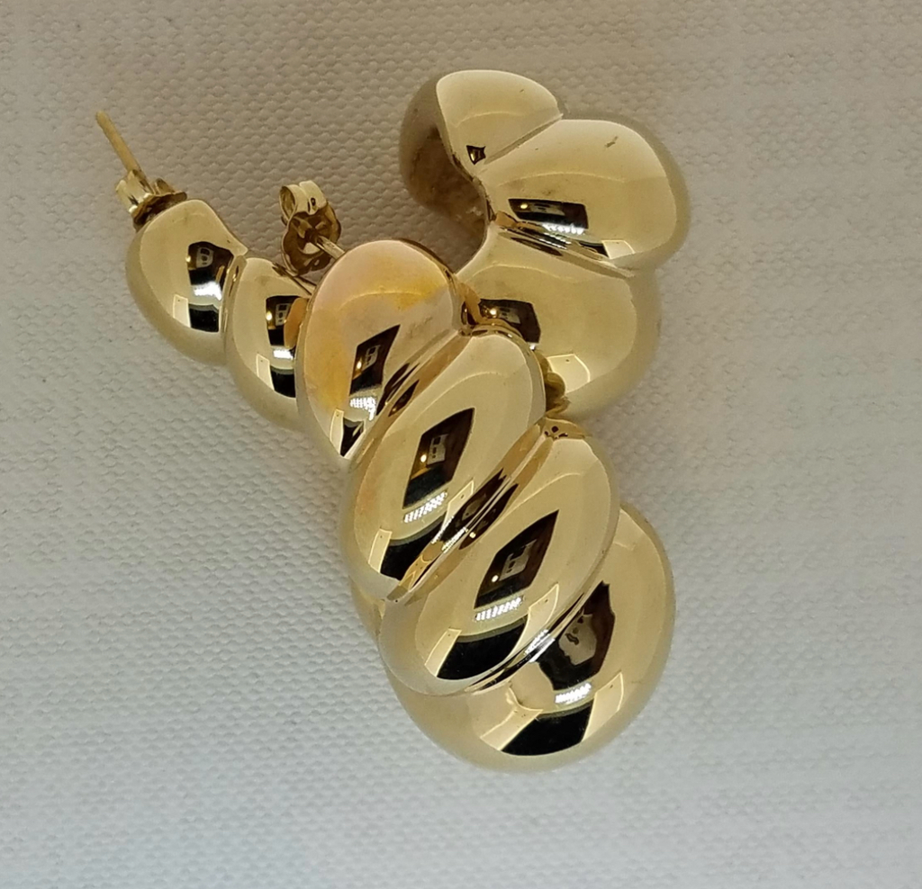 Large 14 Karat Domed Ribbed-Fluted Shrimp Design Earrings