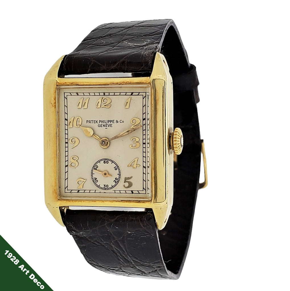 Patek Philippe early Art Deco rectangular tank style watch, 18K with Breguet numerals Circa 1928, Retailed by Beyer