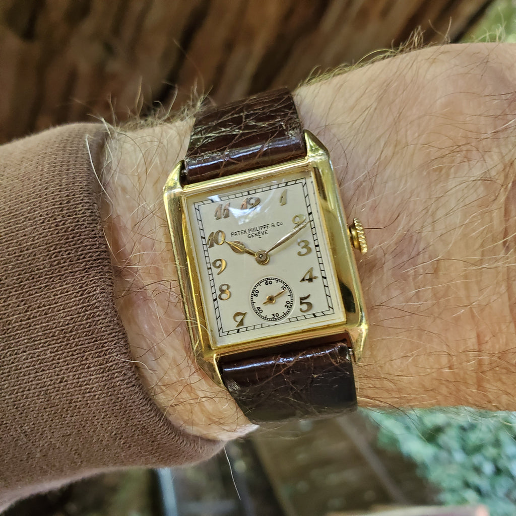 Patek Philippe early Art Deco rectangular tank style watch, made in 18K with Breguet numerals Circa 1928