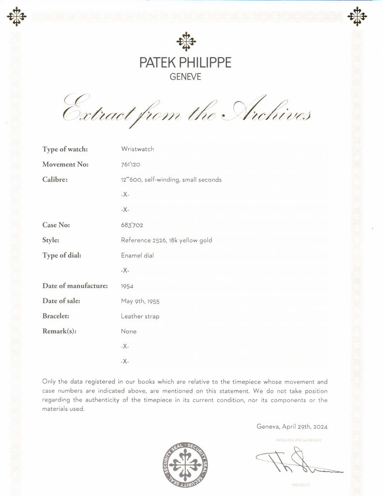 Patek Philippe 2526J Vintage 1st Series Automatic Calatrava Watch Super Mint. Circa 1954