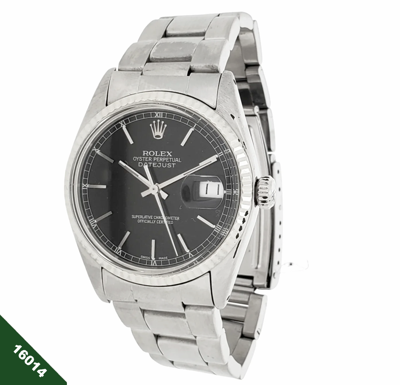 Rolex 16014 Date just Stainless Steel with White Gold fluted bezel