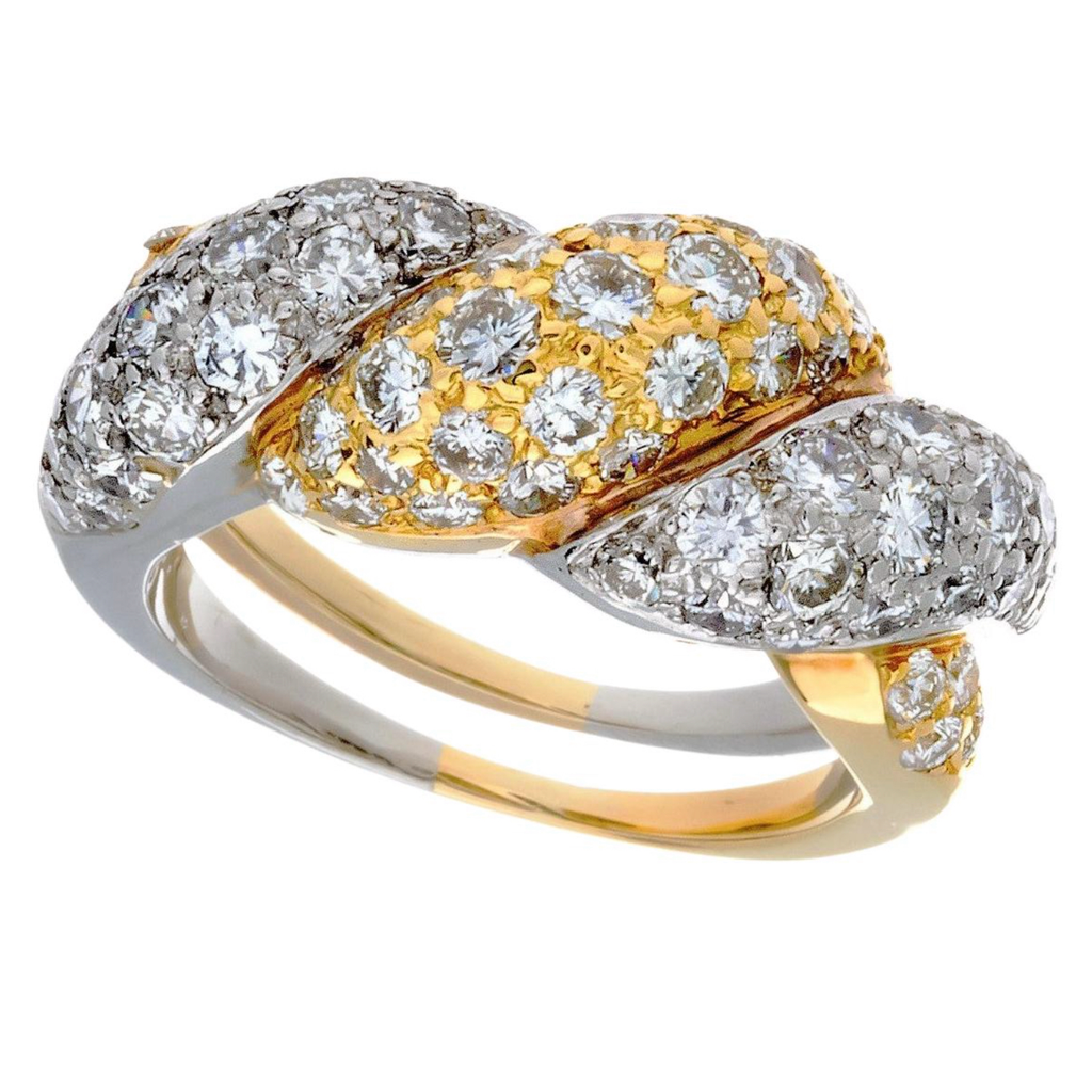 Platinum and 18 Karat Yellow Gold Pavé Diamond Woven Dome Ring