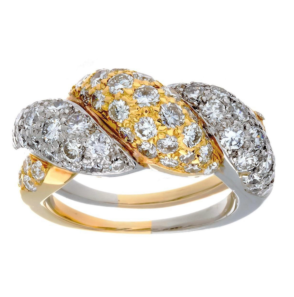 Platinum and 18 Karat Yellow Gold Pavé Diamond Woven Dome Ring