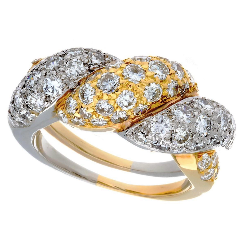 Platinum and 18 Karat Yellow Gold Pavé Diamond Woven Dome Ring