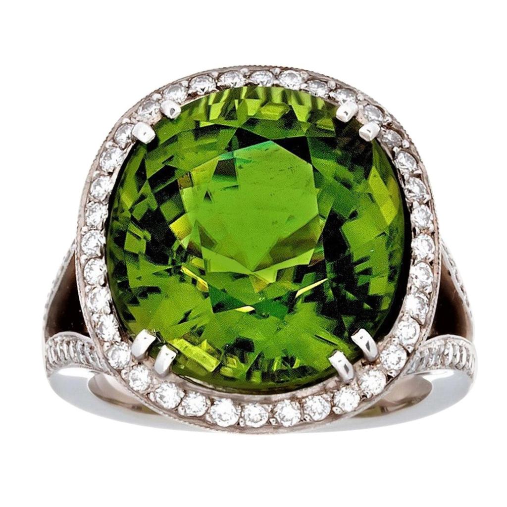 14 Carat Unique Burma Peridot and Diamond Ring