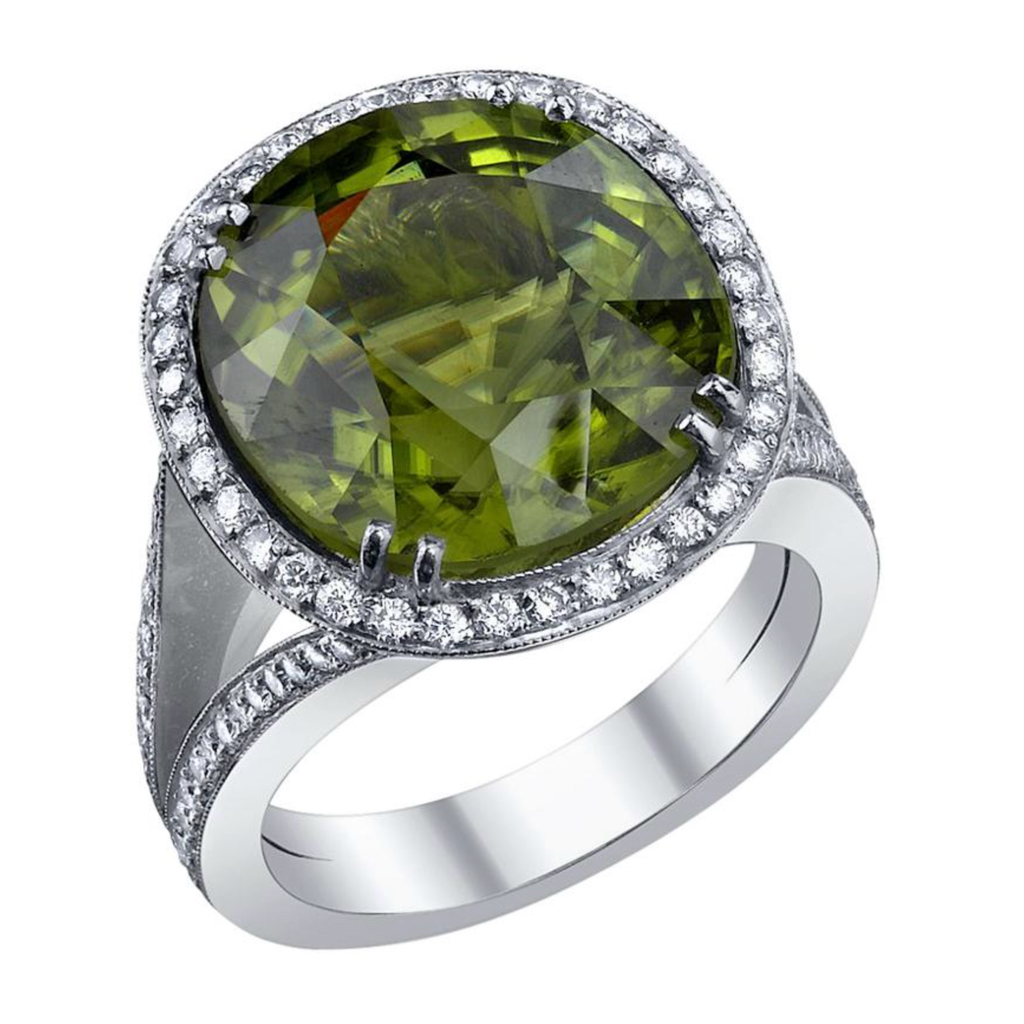 14 Carat Unique Burma Peridot and Diamond Ring