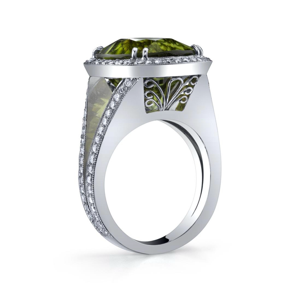 14 Carat Unique Burma Peridot and Diamond Ring