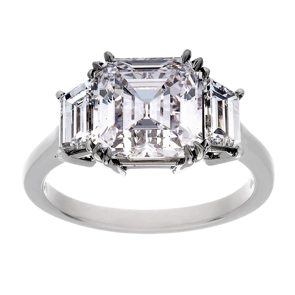 Platinum 3.01 Carat Asscher Cut Diamond 3-Stone Ring, GIA, F Color, VVS1 Clarity