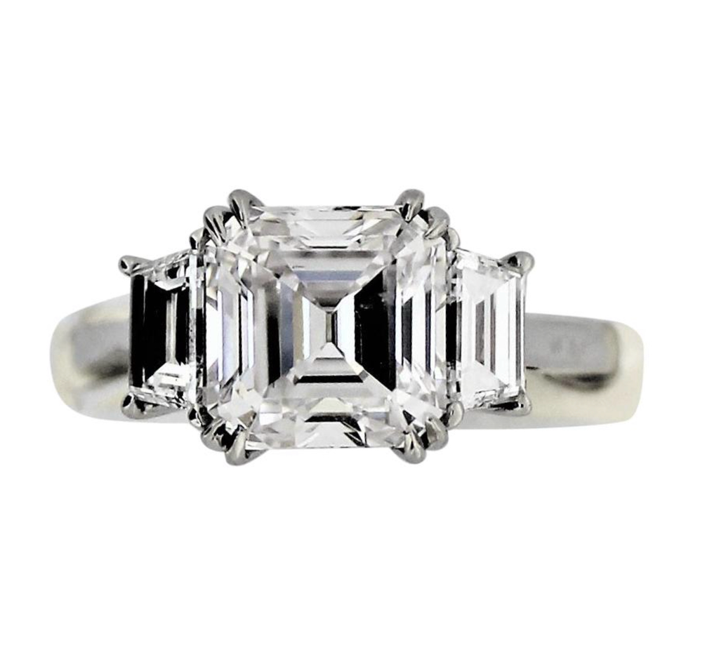 Platinum 3.01 Carat Asscher Cut Diamond 3-Stone Ring, GIA, F Color, VVS1 Clarity