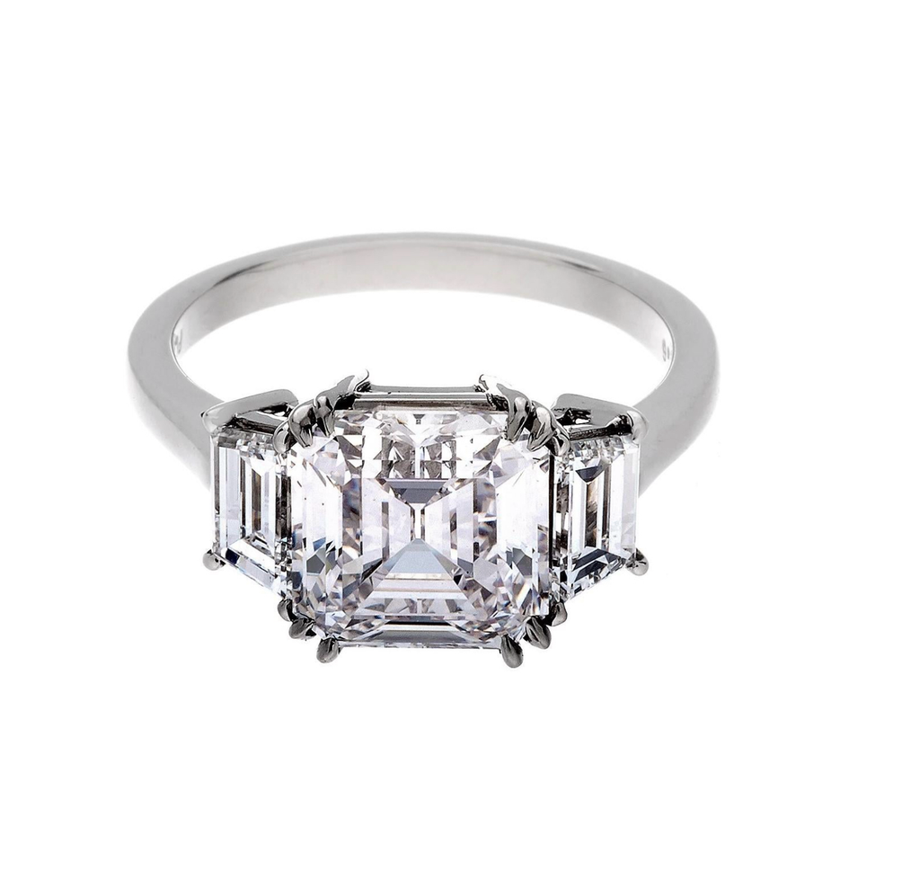 Platinum 3.01 Carat Asscher Cut Diamond 3-Stone Ring, GIA, F Color, VVS1 Clarity