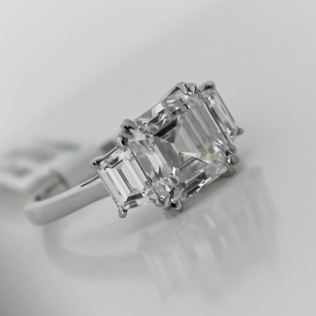 Platinum 3.01 Carat Asscher Cut Diamond 3-Stone Ring, GIA, F Color, VVS1 Clarity