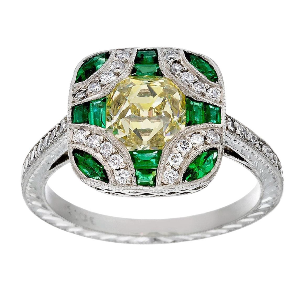 Antique Edwardian Style Fancy Yellow Old Mine Cut Diamond and Emerald Ring