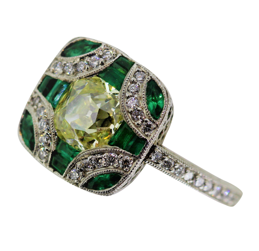 Antique Edwardian Style Fancy Yellow Old Mine Cut Diamond and Emerald Ring