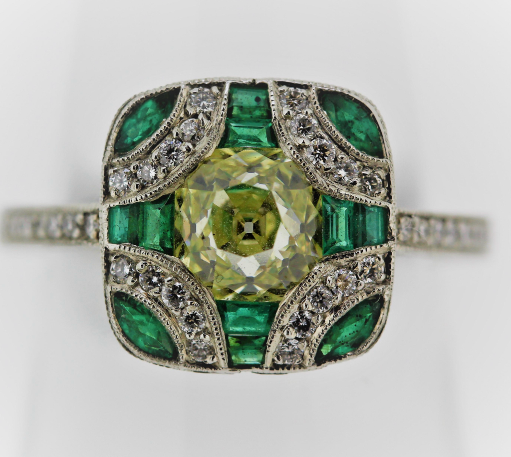 Antique Edwardian Style Fancy Yellow Old Mine Cut Diamond and Emerald Ring