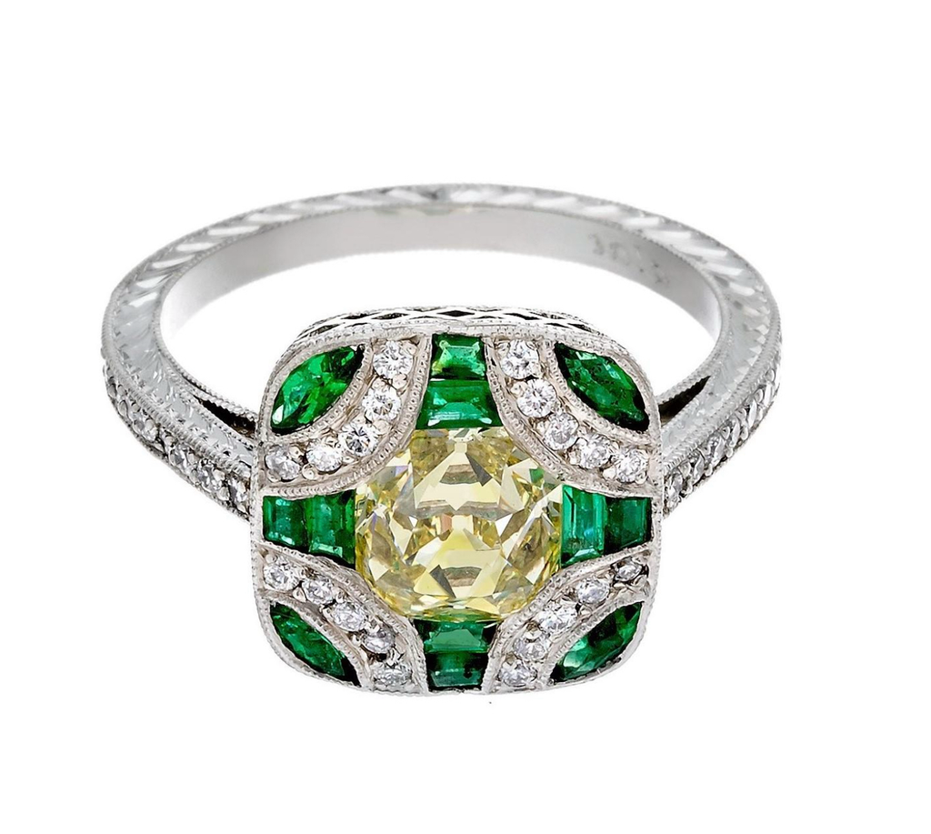 Antique Edwardian Style Fancy Yellow Old Mine Cut Diamond and Emerald Ring