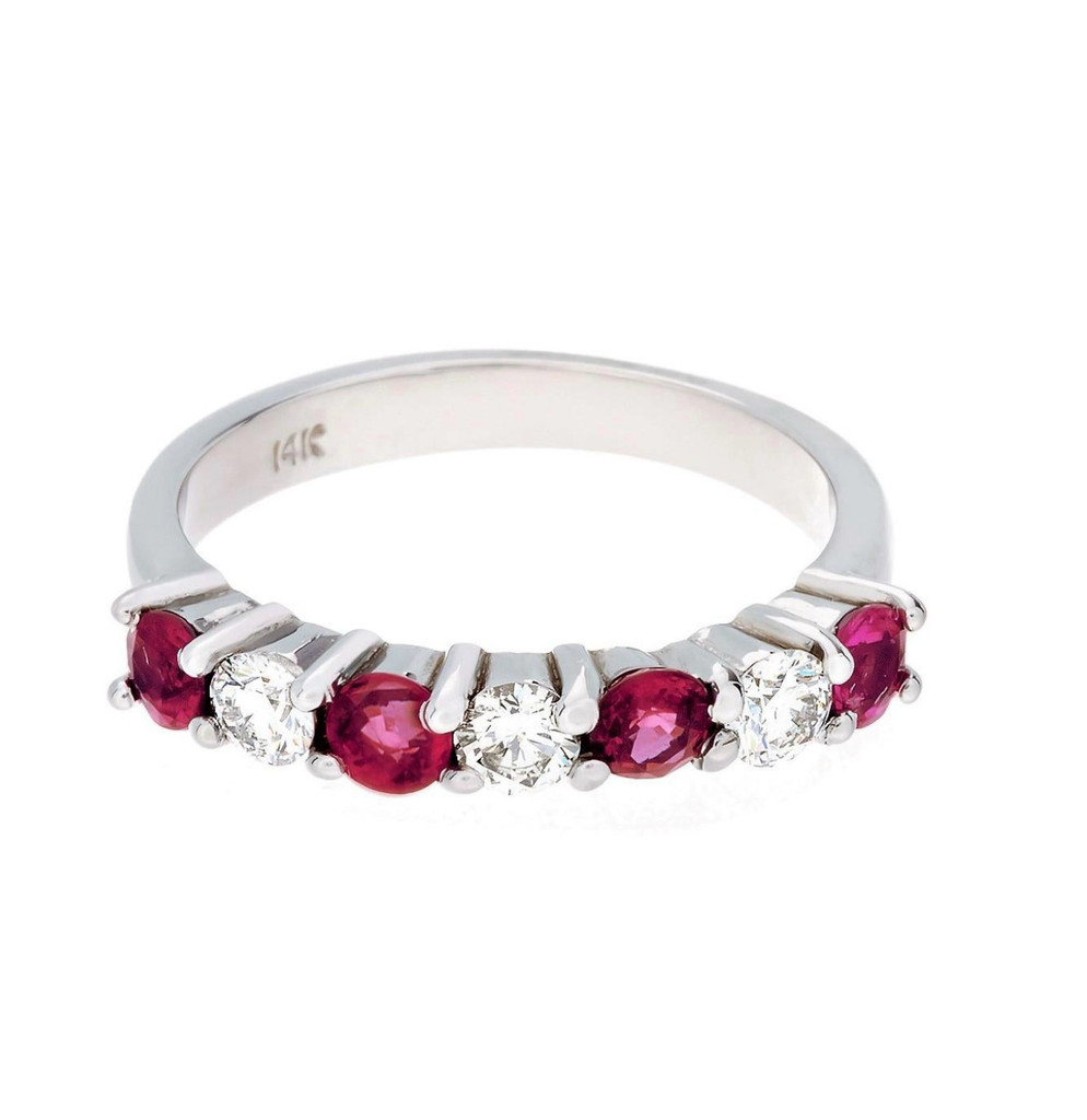 14 Karat White Gold 7-Stone Burma Ruby and Diamond Ring