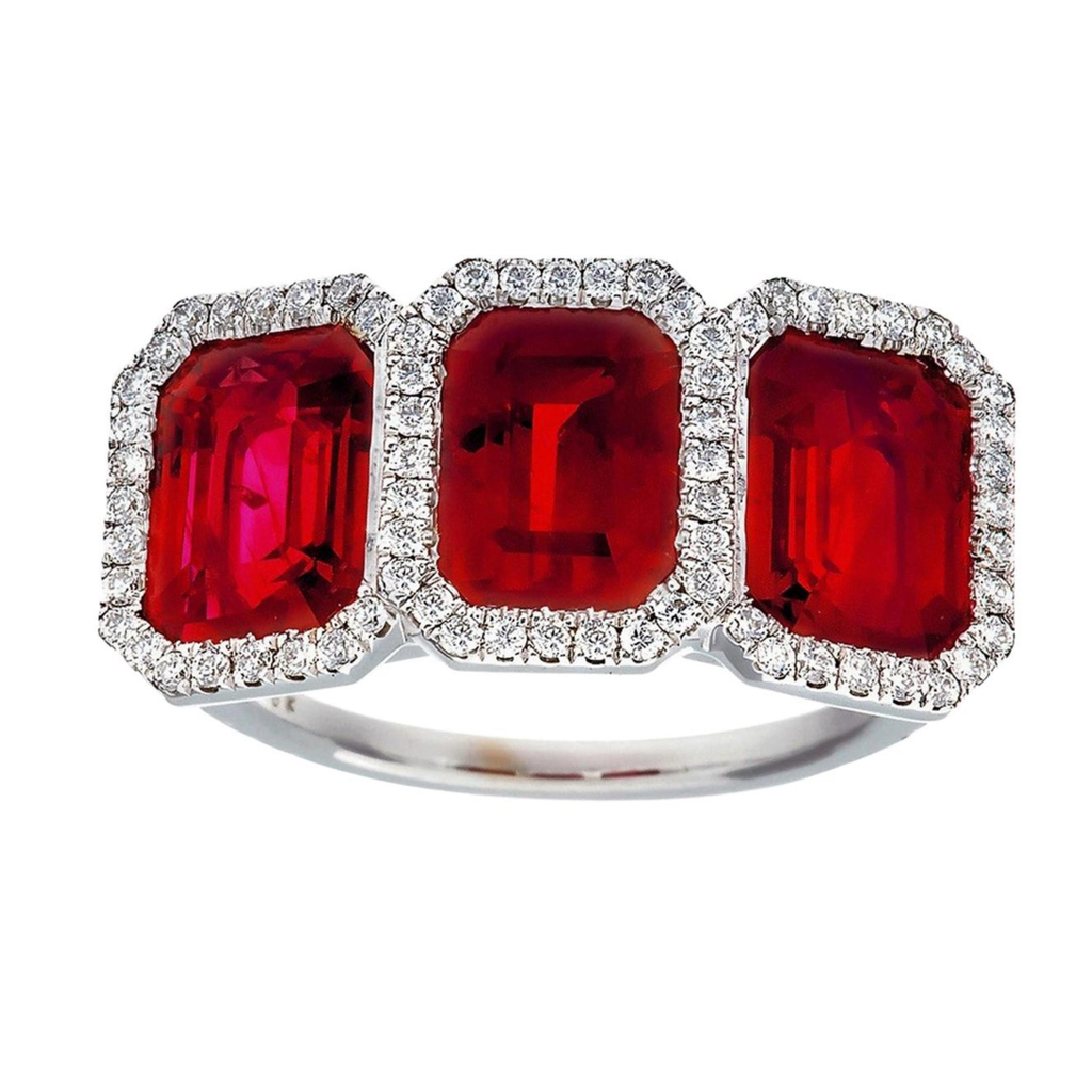 7.05 Carat 3-Stone Burma Ruby and Diamond Ring