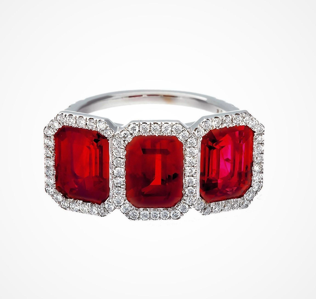 7.05 Carat 3-Stone Burma Ruby and Diamond Ring