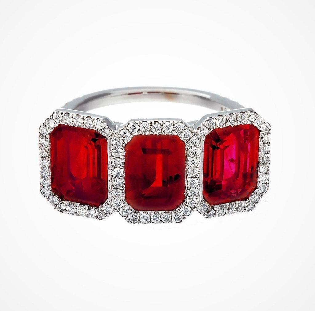 7.05 Carat 3-Stone Burma Ruby and Diamond Ring