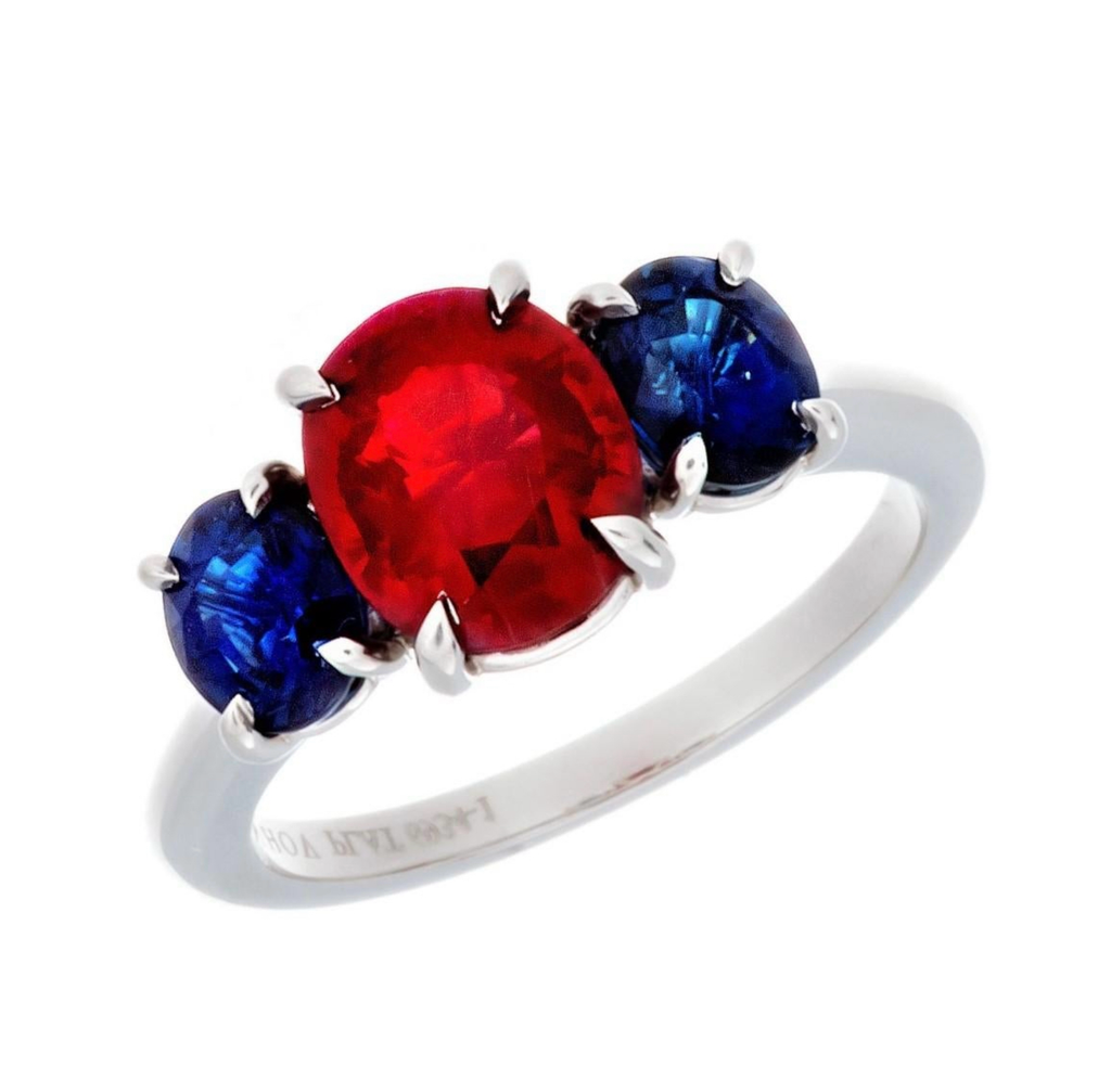 Platinum Burmese Ruby and Sapphire 3-Stone Ring
