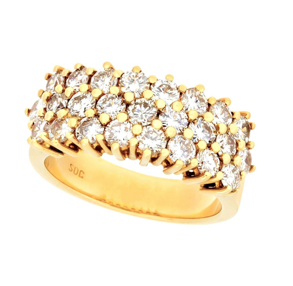 18 Karat Yellow Gold 3-Row Diamond Wedding Band