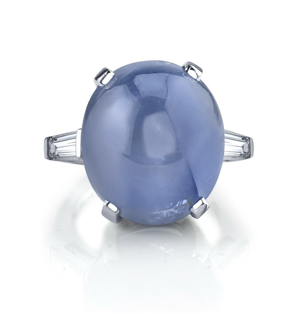 28 Carat Vintage Blue Star Sapphire and Diamond 3-Stone Ring circa 1945-1955