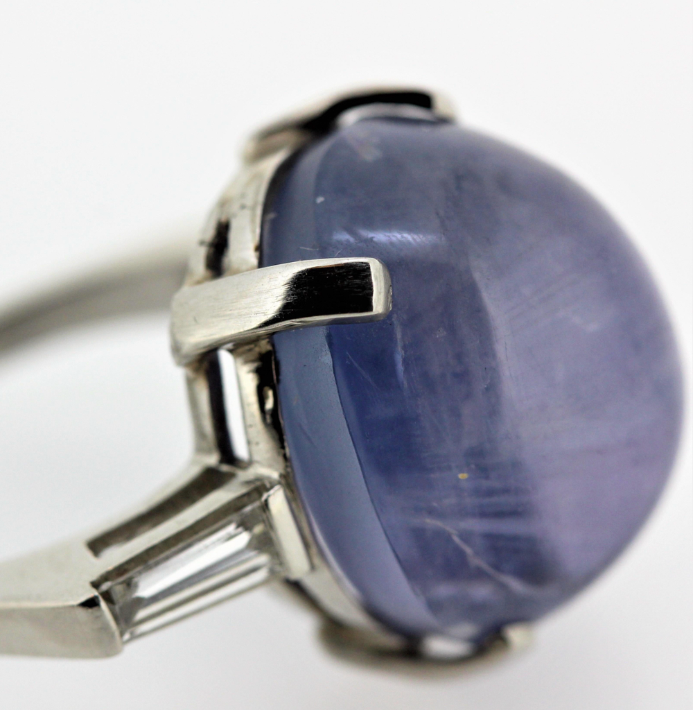 28 Carat Vintage Blue Star Sapphire and Diamond 3-Stone Ring circa 1945-1955