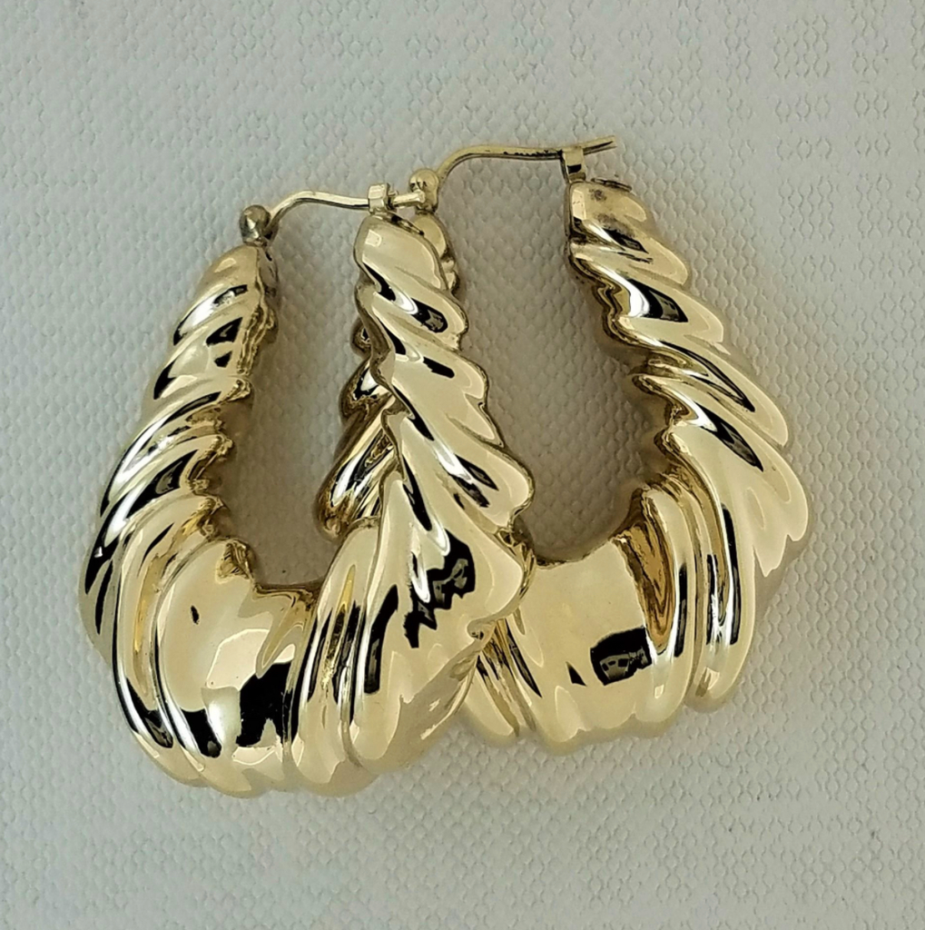 Large 14 Karat Tapered Domed Ribbed / Fluted Shrimp Hoop Design Earrings