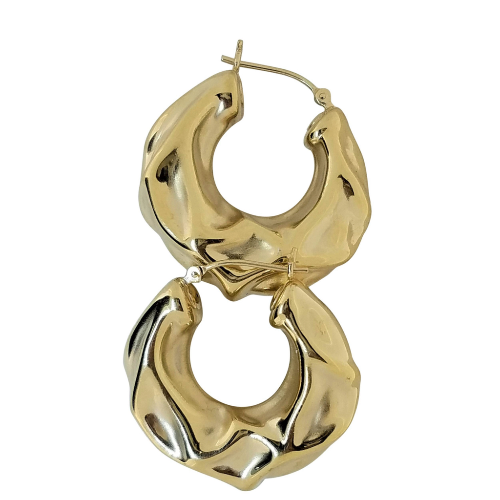 Large 18 Karat Tapered Hollow Crinkle Design Hoop Earrings