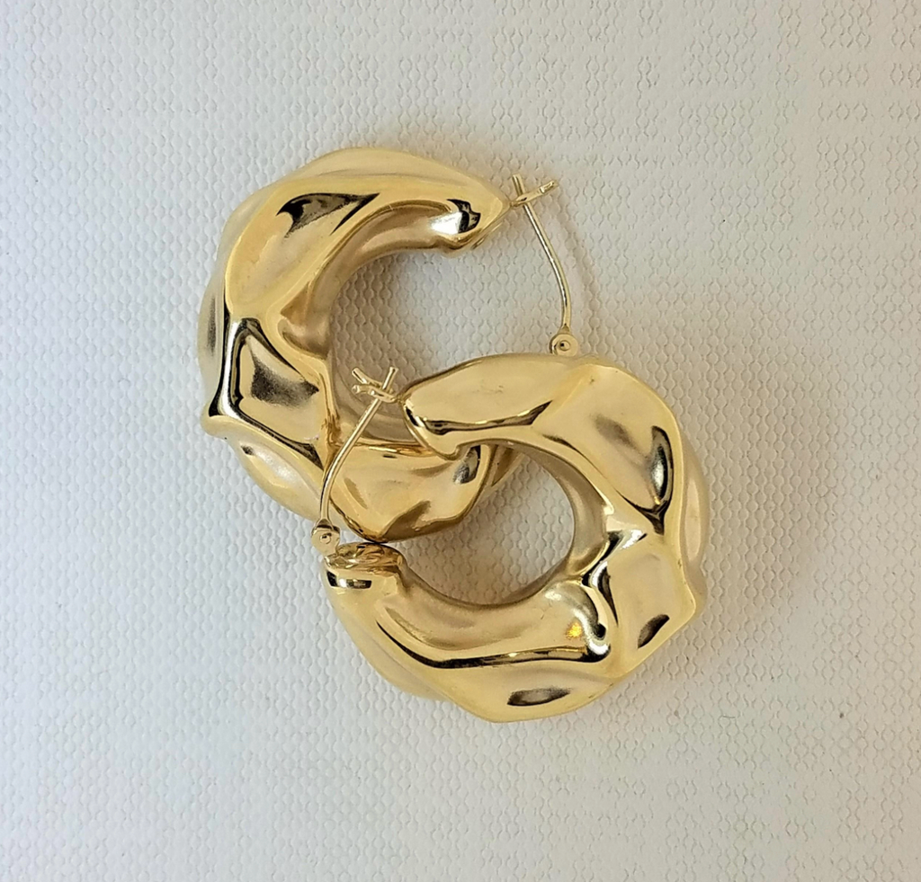 Large 18 Karat Tapered Hollow Crinkle Design Hoop Earrings
