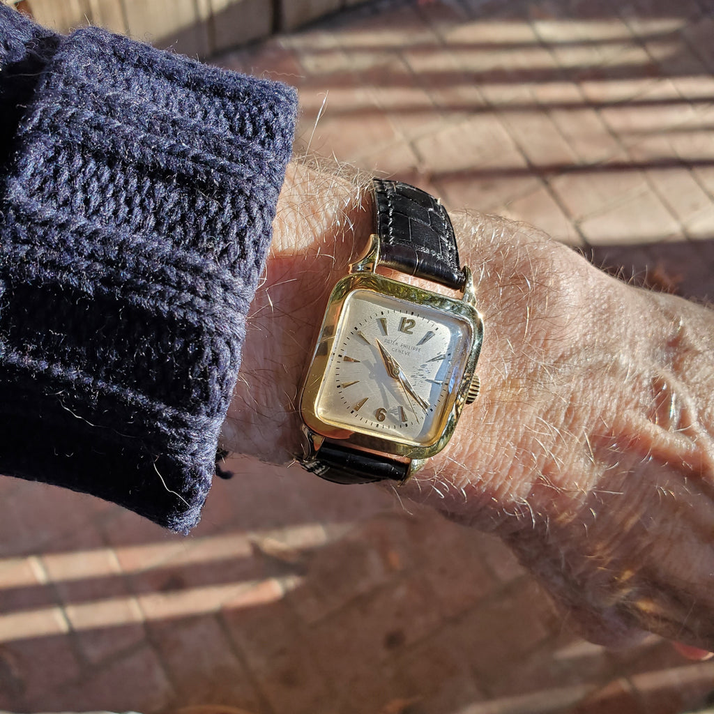 Patek Philippe 2514; square cushion curved shaped watch with Bookend Lugs; Circa 1951