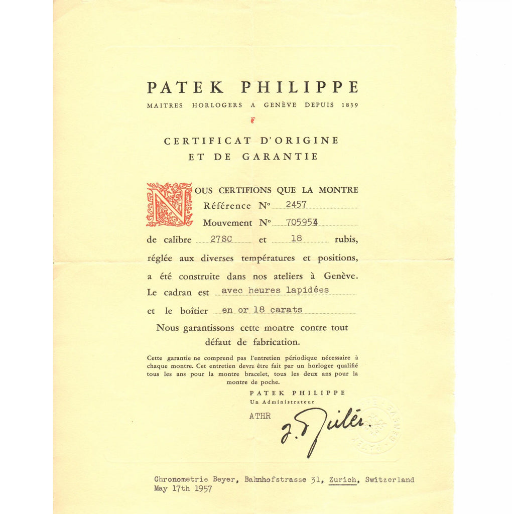 Patek Philippe 2457J Vintage Calatrava Watch Replaced the Ref. 96 with Center Seconds Circa 1957