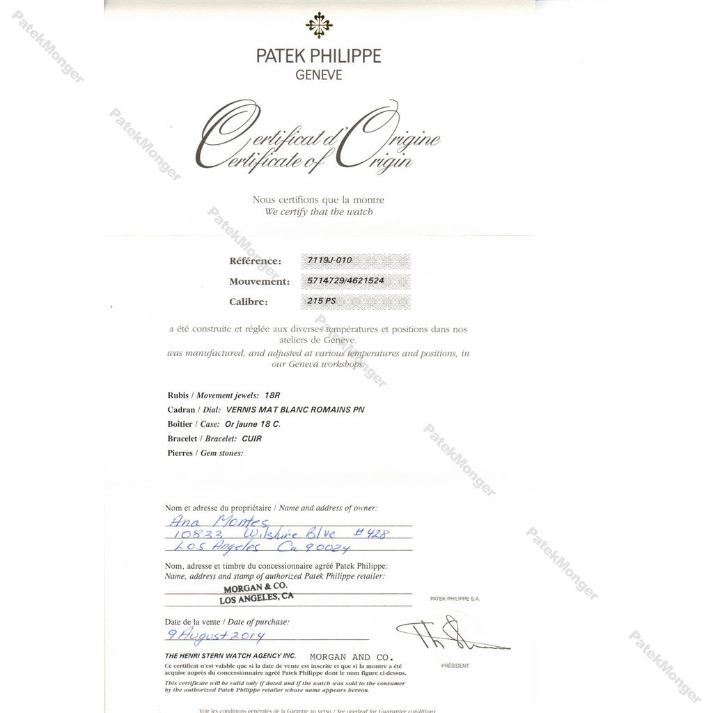 Patek Philippe 7119J Calatrava Watch circa 2014